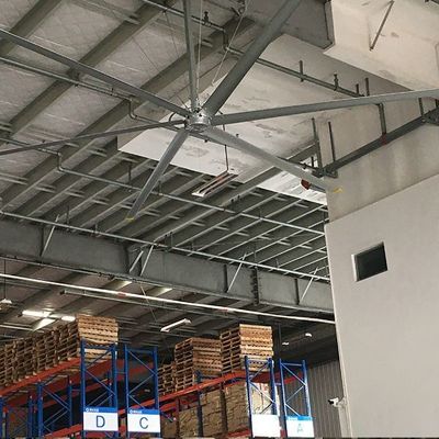 Industriële plafondventilatoren met versnellingsmotor of PMSM-motor, geconfigureerd als HVLS-ventilator als luchtblazer voor werkplaatsventilatie en koeling